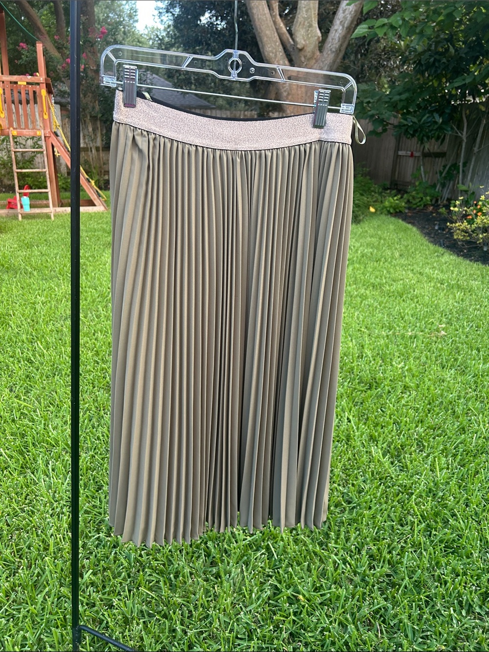 Madeline Pleated Midi Skirt in Taupe with Shimmer Waistband